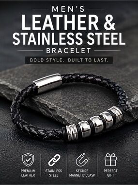Men’s Braided Leather & Stainless Steel Bracelet – Black | Modern Style
